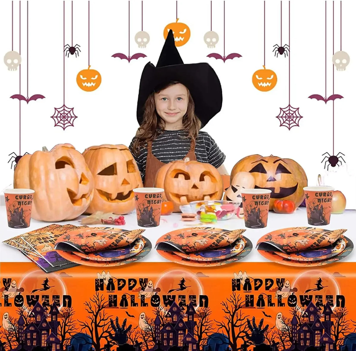 Halloween Party Tableware Set – Paper Plates & Tablecloth Kit Party Tableware Set PLUSH