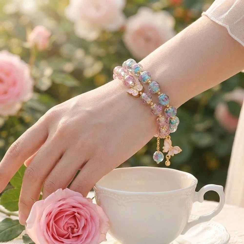 Butterfly Rose Beaded Bracelet – Vintage Lampwork Glass Charm Beaded Charm Bracelet PLUSH