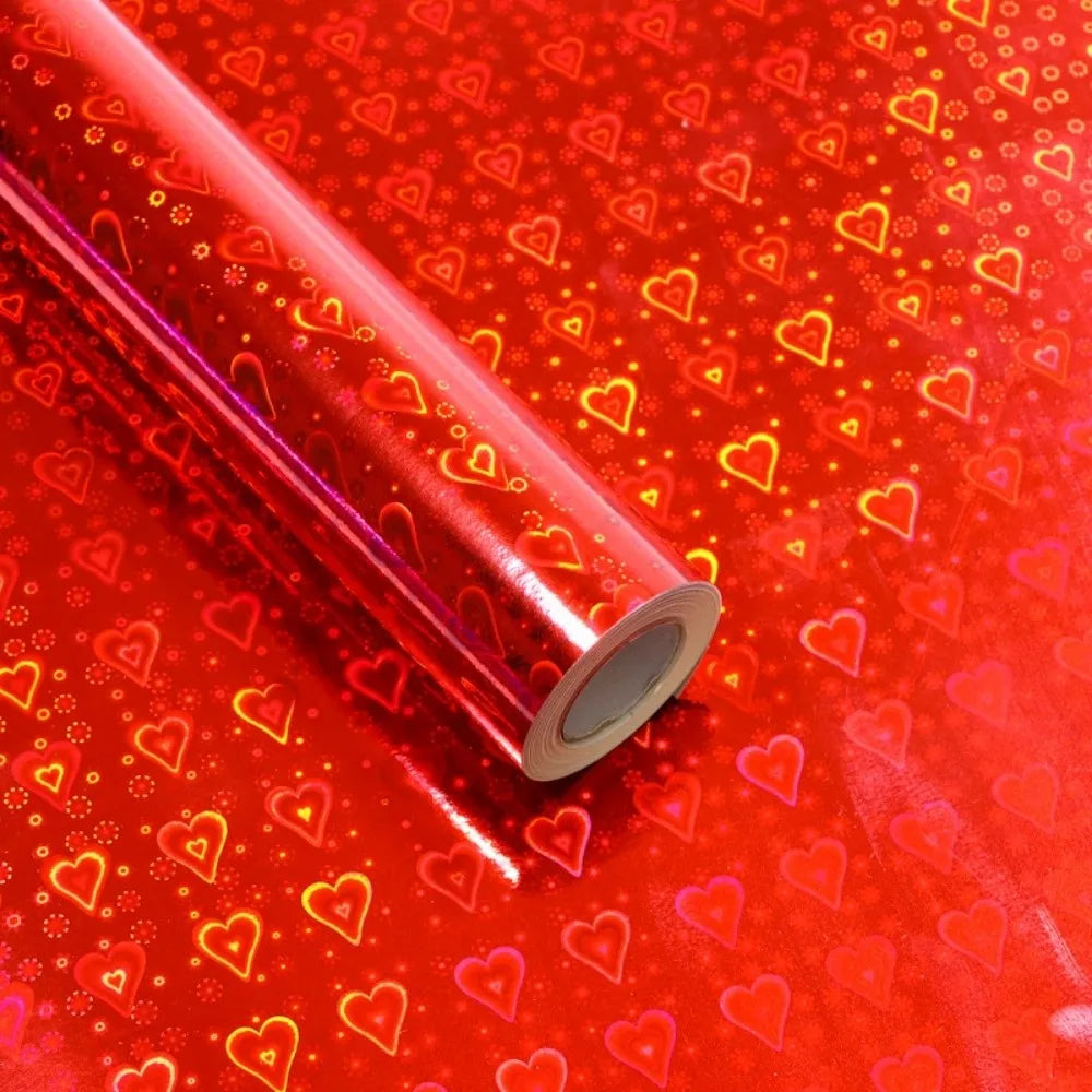 Gradient Laser Wrapping Paper Roll 43×300cm – Holographic Gift Wrapping Paper PLUSH Red Heart