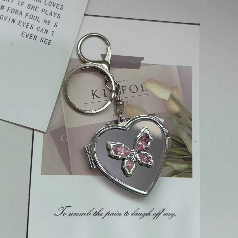 Y2K Bow Heart Mirror Keychain – Double Sided Compact Pendant Mirror Keychain PLUSH style A