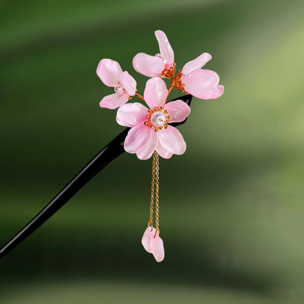 Wooden Chinese Hair Stick Vintage Flower Tassel Hairpin Fork Hair Stick Hairpin PLUSH Style 18