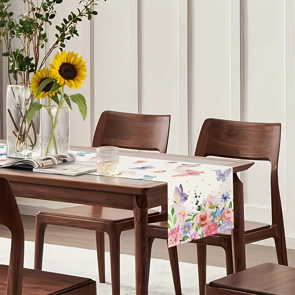 Spring Butterfly Floral Table Runner – Watercolor & Gold Dots Decorative Table Runner PLUSH