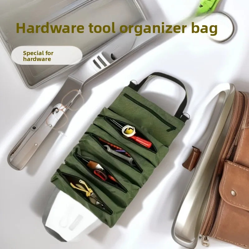 Canvas Tool Roll Up Bag – 5 Zipper Pockets Hanging Organizer Tool Roll Organizer PLUSH