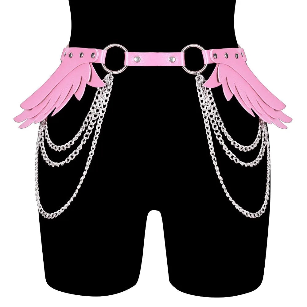 Y2K Punk PU Leather Wing Rivet Belt – Metal Studs & Chain Punk Fashion Belt PLUSH Pink