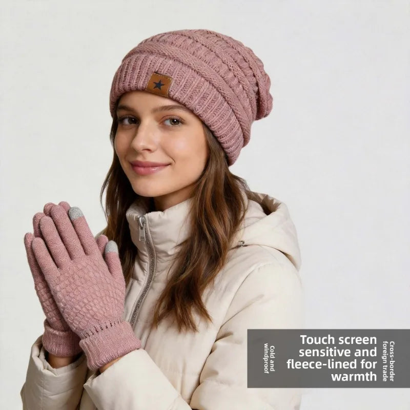 Women's Fleece Lined Knit Beanie Hat & Mittens Set Winter Accessory Set PLUSH