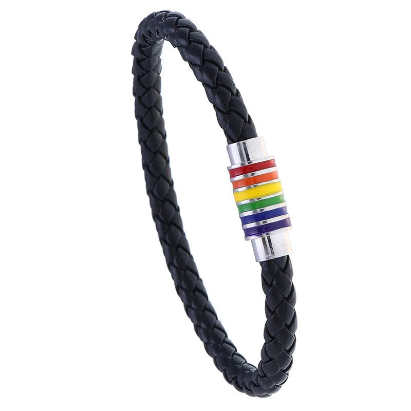 Rainbow Braided Leather Bracelet – Magnetic Buckle Unisex Bangle Leather Charm Bracelet PLUSH Black Silver