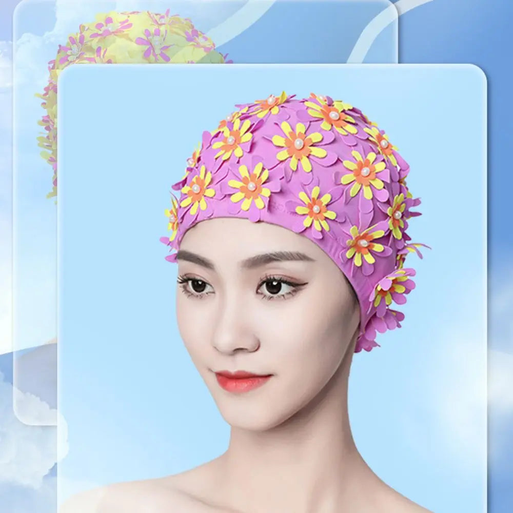 Pearl Floral Swim Cap for Women – Vintage Long Hair Swimming Swim Cap PLUSH