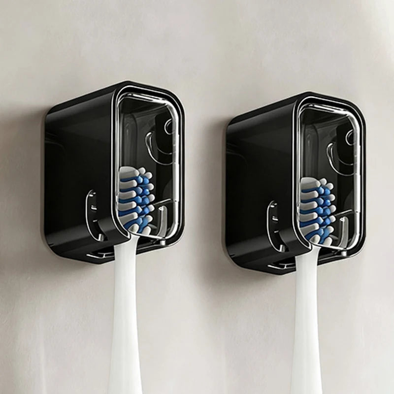 Wall Mount Toothbrush Holder with Dustproof Cover | No Drill Toothbrush Holder PLUSH black