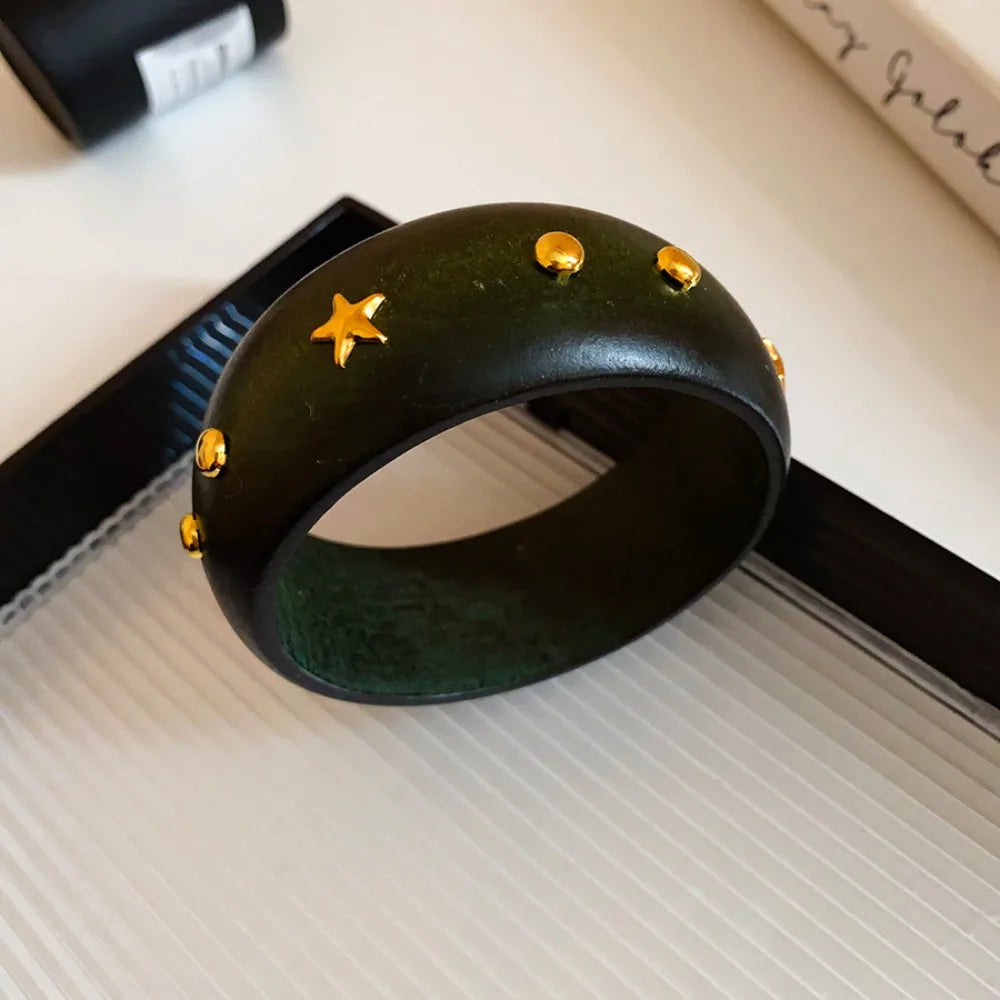 Chinese Style Wooden Bangle – Punk Y2K Wide Rivet Bracelet Wooden Bangle Bracelet PLUSH Style E