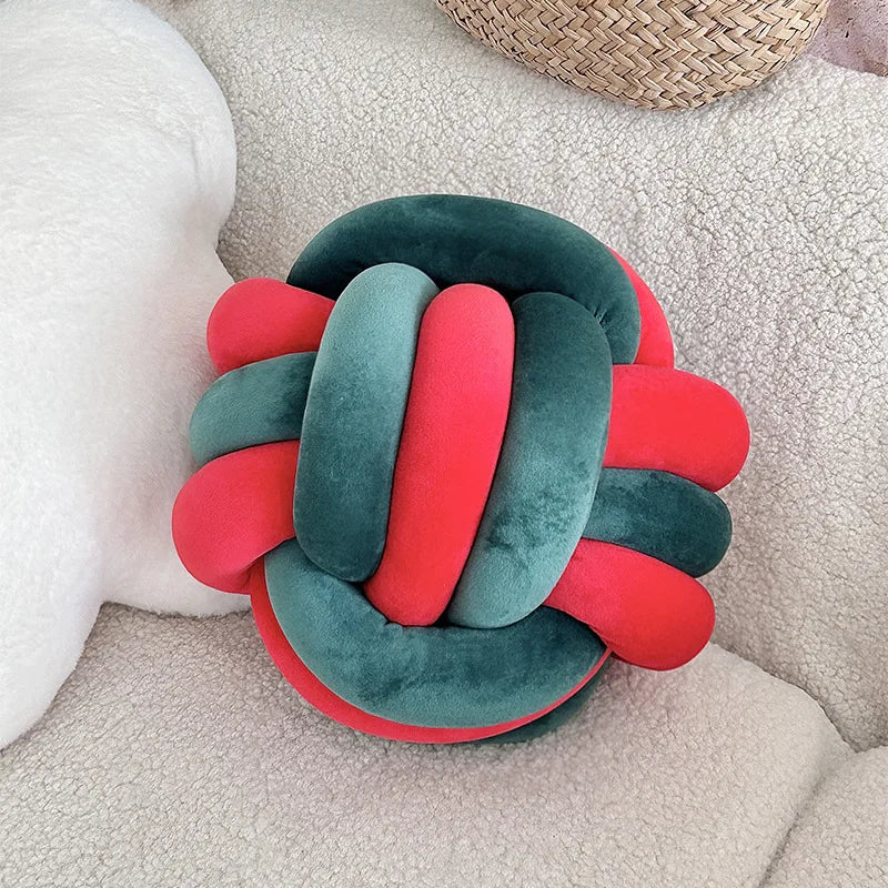 Handmade Dual-Tone Knotted Ball Pillow – Soft Fluffy Cushion Decorative Cushion PLUSH red and green 22x22cm