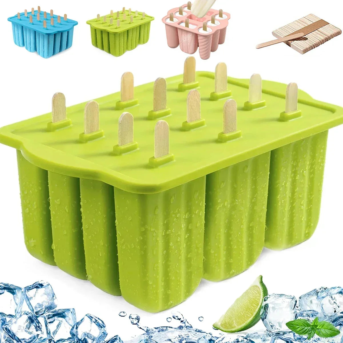 Silicone Popsicle Molds 12-Piece Set + 50 Wooden Sticks Popsicle Mold Set PLUSH