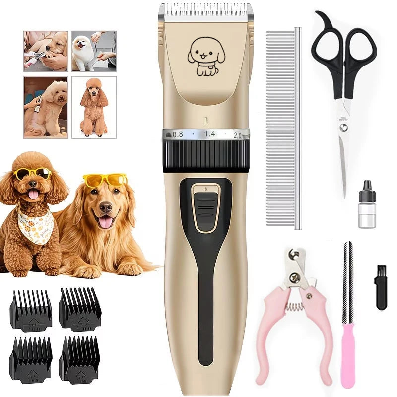 Electric Pet Hair Clipper Grooming Trimmer Set – Dog Cat Rabbit Pet Grooming Clipper PLUSH Gold