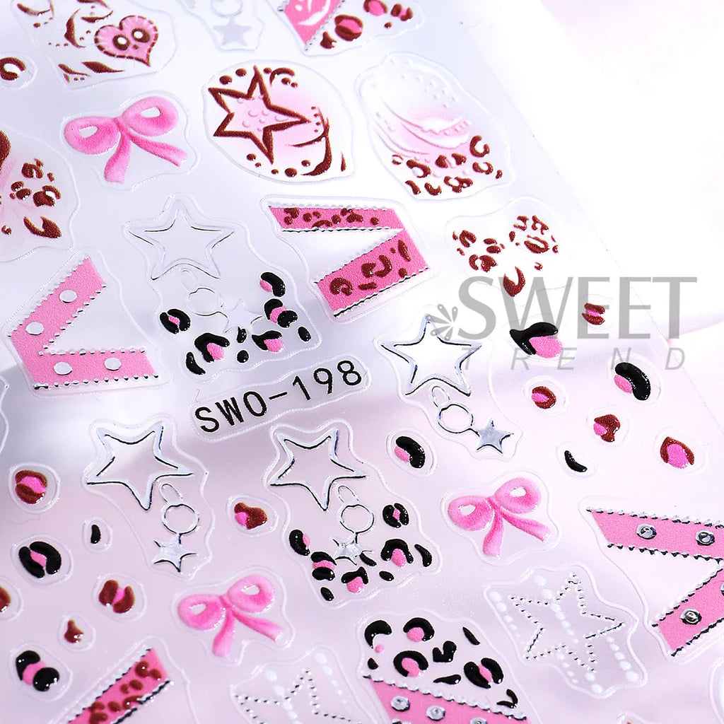 Y2K 3D Matte Nail Decals – Star Leopard Bow Belt Stickers 2pcs Nail Art Decals PLUSH