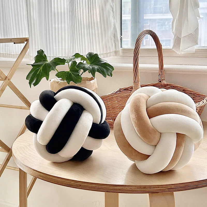 Handmade Dual-Tone Knotted Ball Pillow – Soft Fluffy Cushion Decorative Cushion PLUSH