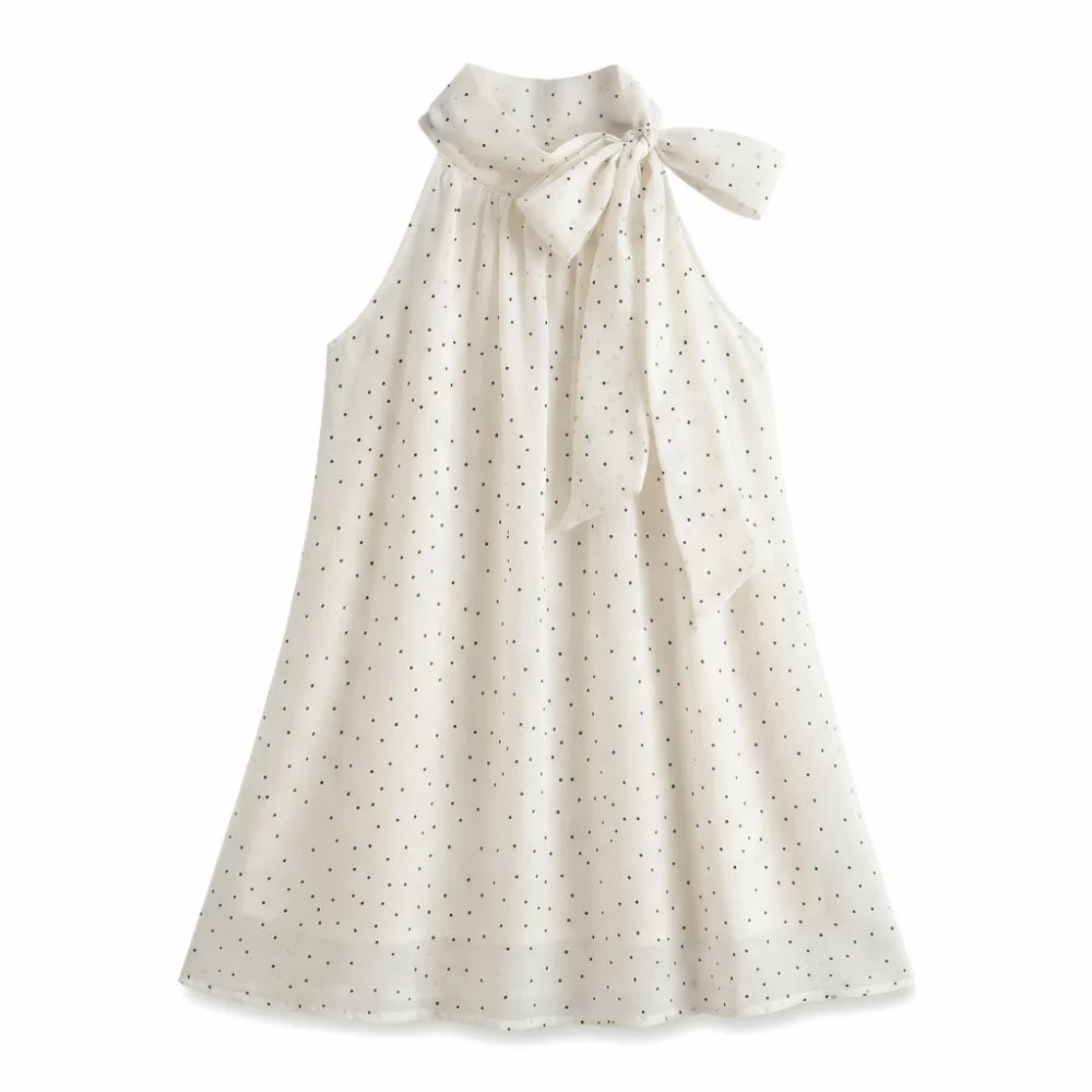 Women's Y2K Polka Dot Bow Sleeveless Chiffon Top | Retro Shirt Sleeveless Chiffon Top PLUSH Small Dot M