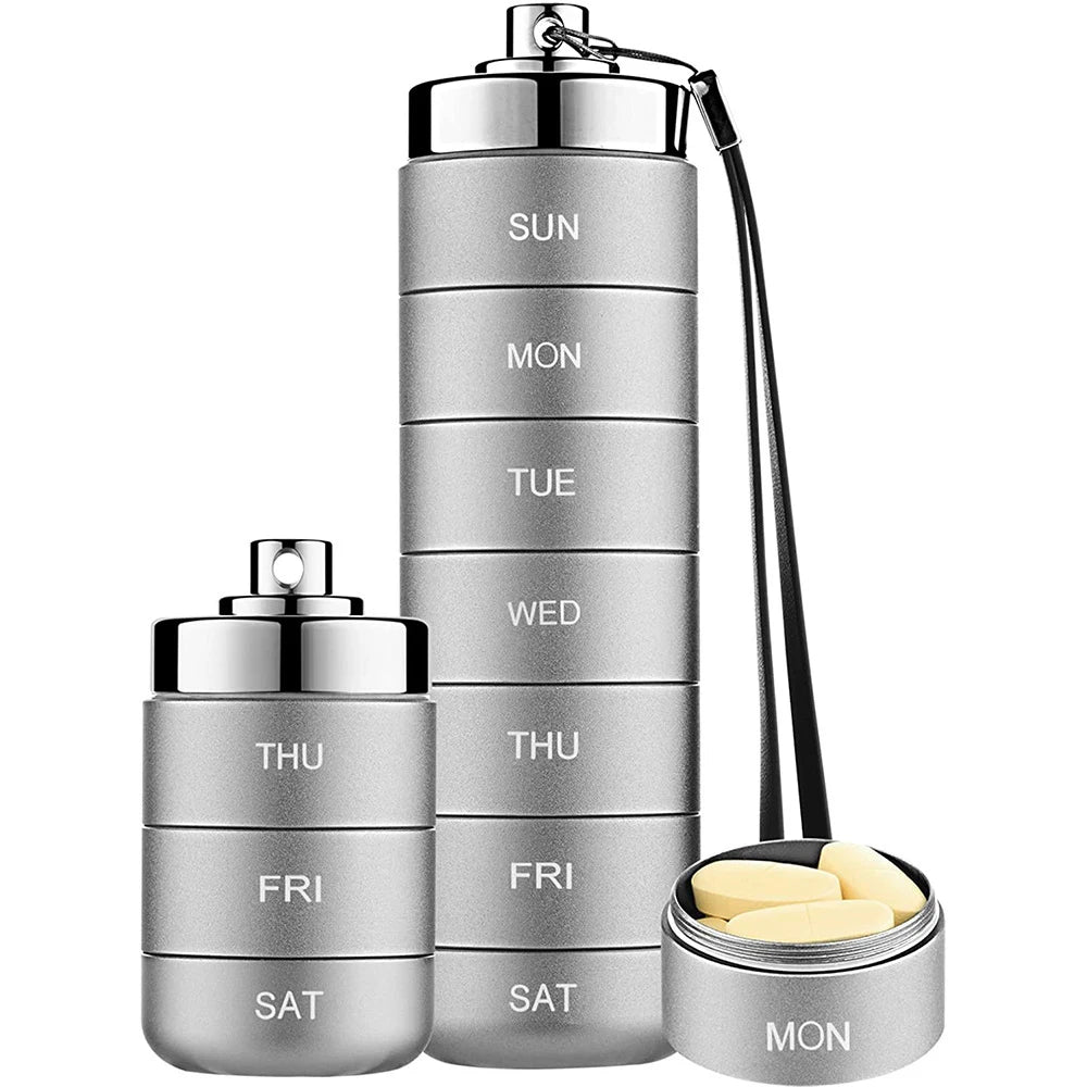 Metal Weekly Pill Organizer – Waterproof Travel Pill Case Pill Organizer PLUSH 01 Silver