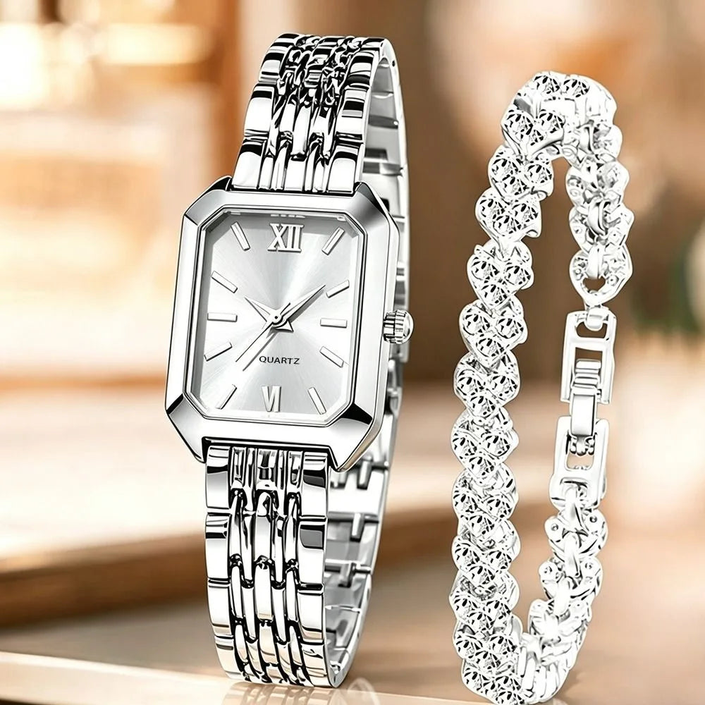 Women's Quartz Watch & Rhinestone Bracelet Set | Rectangle Dial Watch & Bracelet Set PLUSH