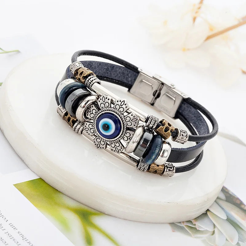 Evil Eye Turkish Multilayer Black Leather Bracelet for Men Leather Charm Bracelet PLUSH