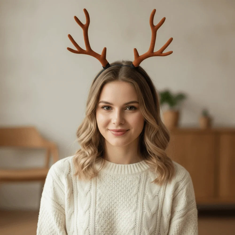 Deer Antler Headband – Realistic Christmas Hair Hoop Holiday Hair Accessory PLUSH