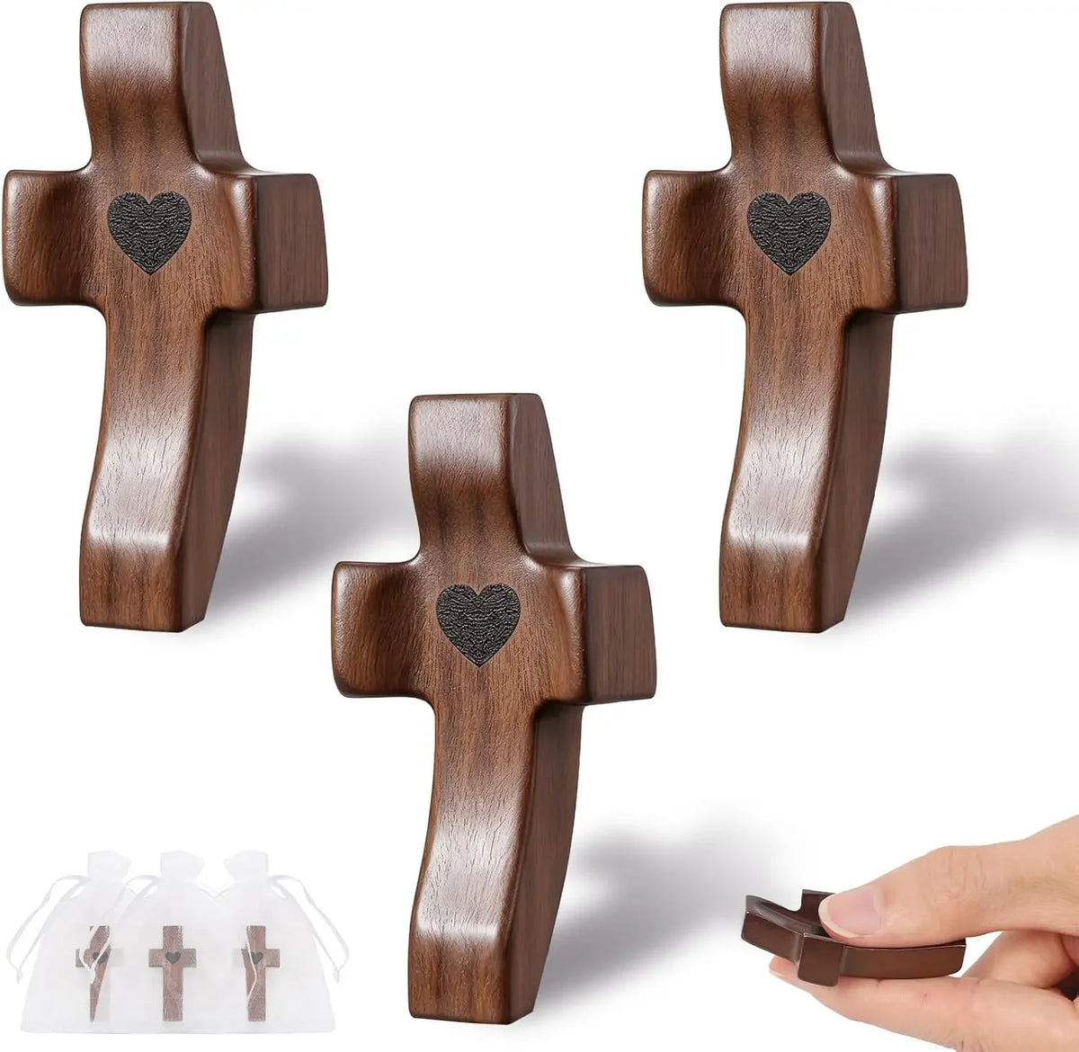Pocket Wooden Fidget Cross with Organza Bags – 3-12pcs Set Wooden Pocket Cross PLUSH Brown-3PCS