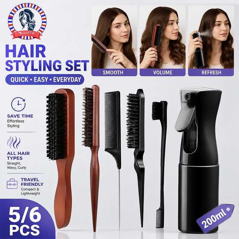 Bristle Hair Brush Set Wooden Handle Teasing Comb & Spray Bottle Hair Brush Set PLUSH