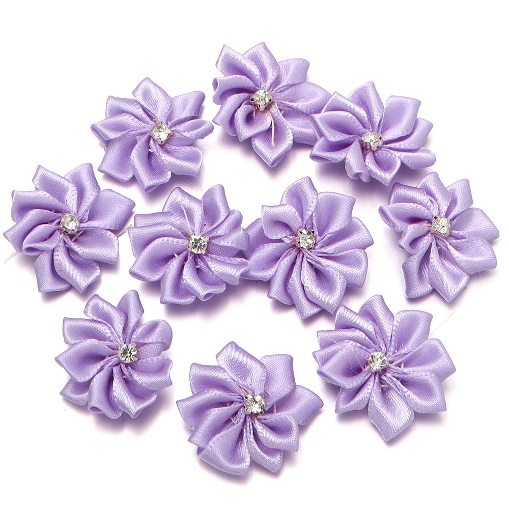 10pcs 3cm Satin Ribbon Flowers Rhinestone 9-Petal DIY Craft Fabric Flower Appliqué PLUSH Purple