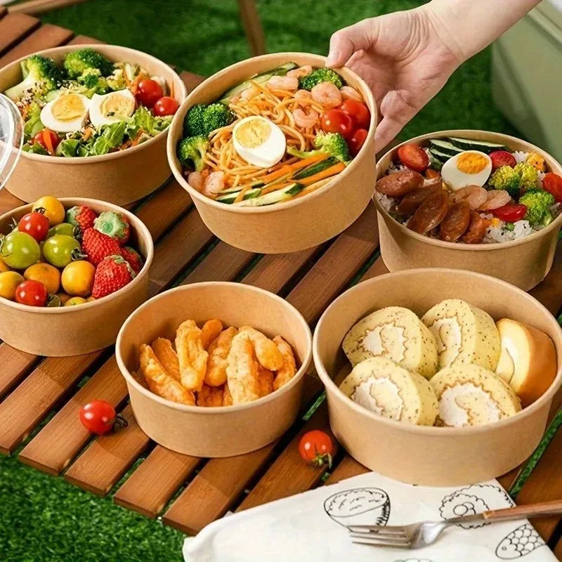 Kraft Paper Round Bowls with Lids – Disposable Bento Box Disposable Food Containers PLUSH