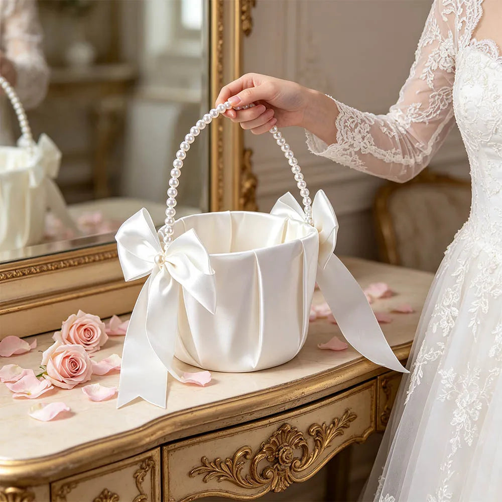 Satin Flower Girl Basket – Bowknot Pearl Handle Wedding Wedding Flower Basket PLUSH