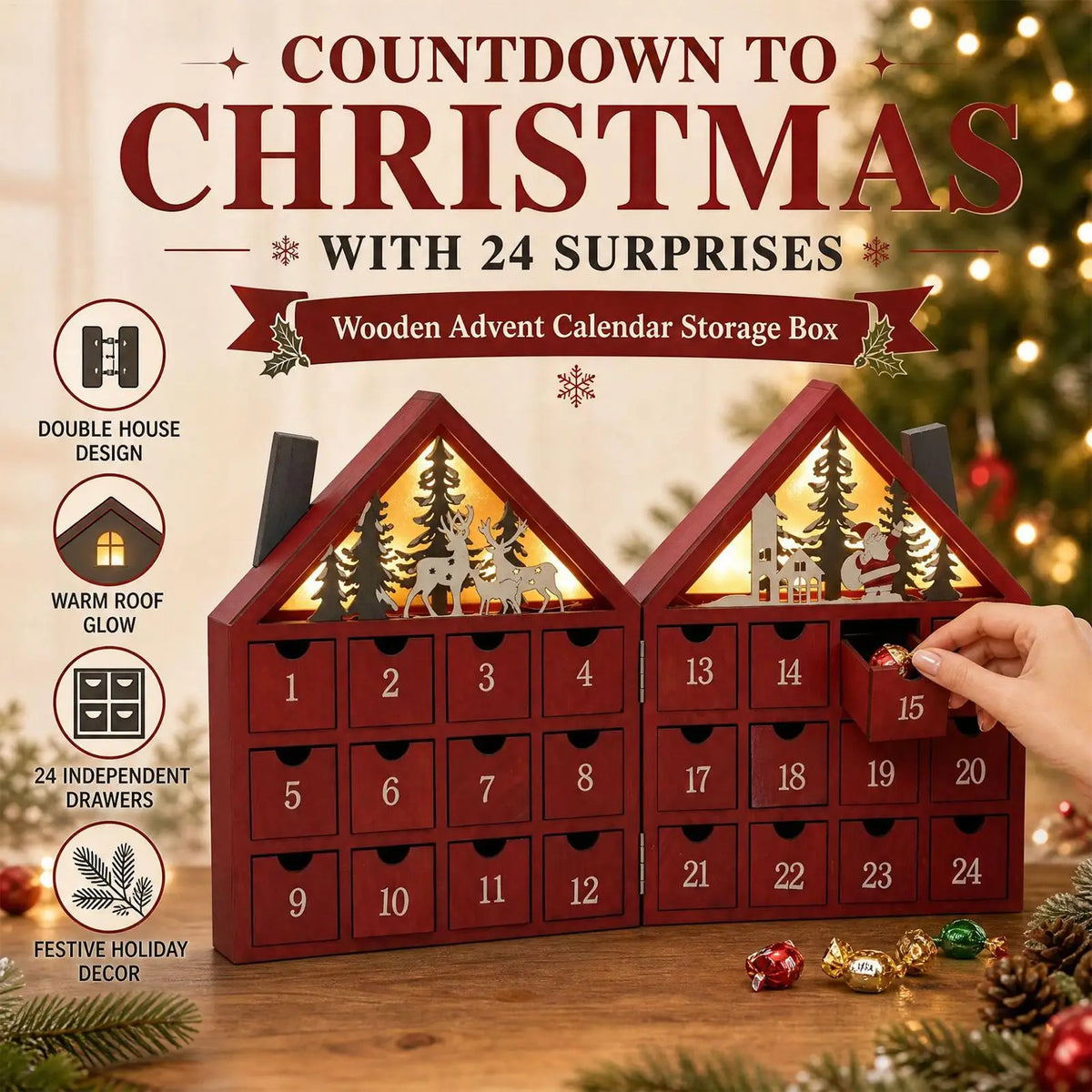 Wooden Christmas Advent Calendar 24 Drawers LED Village House Advent Calendar PLUSH