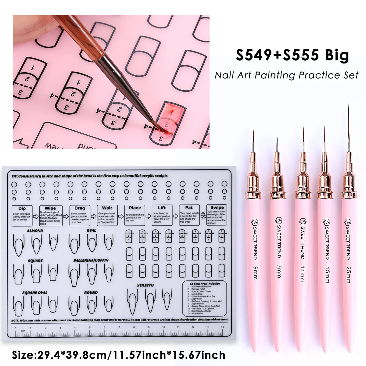 Silicone Nail Practice Mat & Liner Pen Set | Manicure Training Nail Art Practice Set PLUSH S549 S555 Big