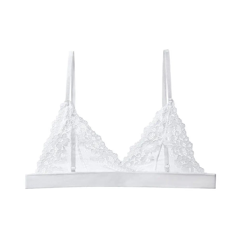 Women's Wire-Free Floral Lace Bralette – Triangle Cup Bra Lace Bralette PLUSH white-L