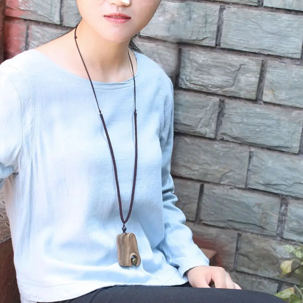 Boho Ethnic Stone Pendant Long Wooden Bead Sweater Necklace Boho Pendant Necklace PLUSH