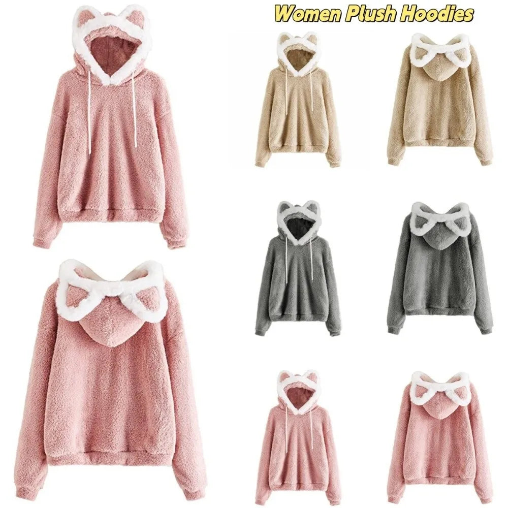Women's Cat Bear Ear Plush Fleece Hoodie – Fuzzy Pullover Fleece Hoodie PLUSH