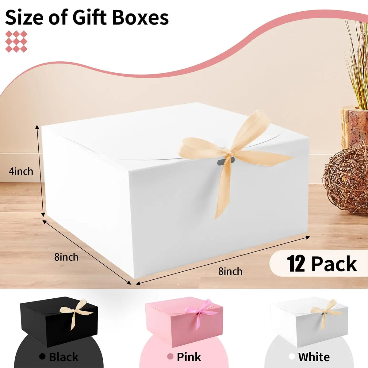 10-Pack White Gift Boxes with Lids & Gold Ribbon | 8x8x4" Gift Boxes Set PLUSH