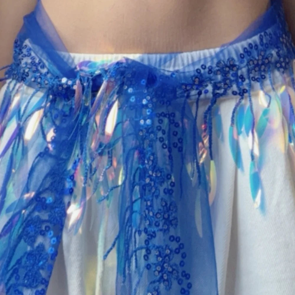 Y2K Sequin Hip Scarf Tassel Belt – Jazz Dance Streetwear Dance Hip Scarf Belt PLUSH Dark Blue