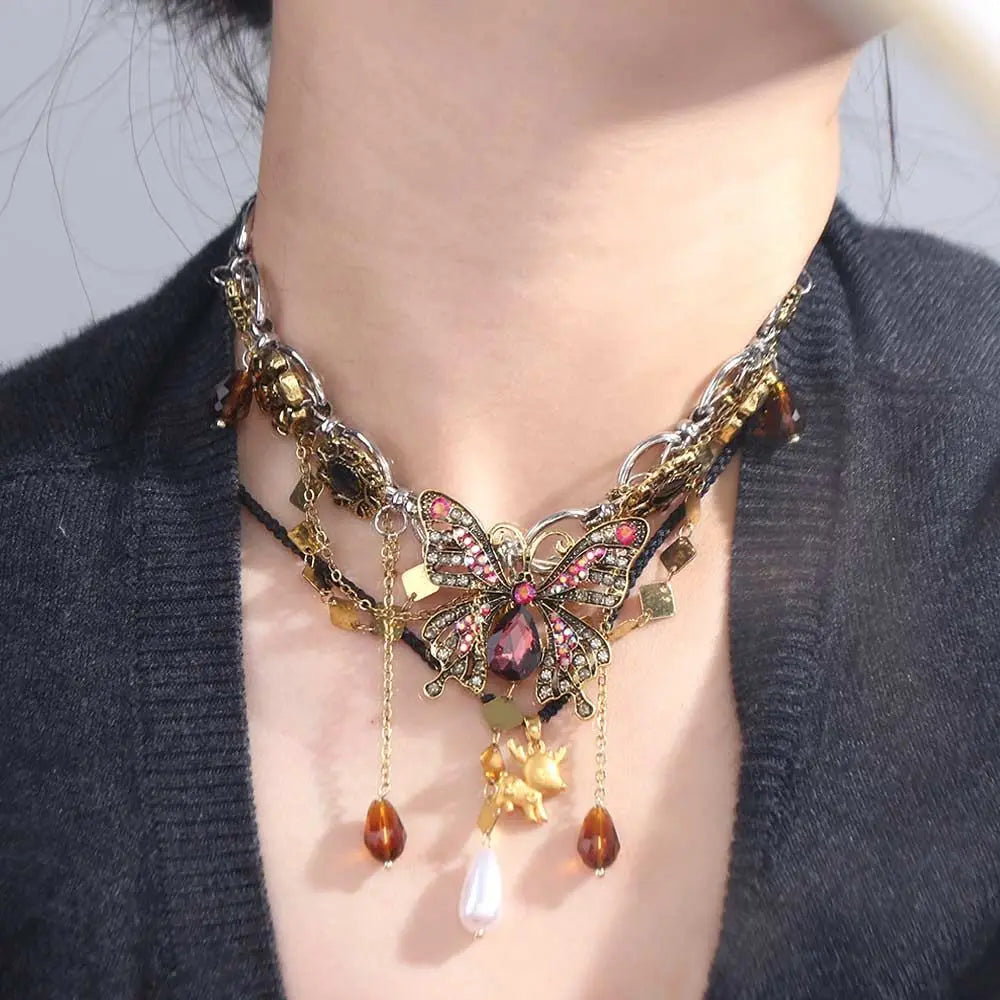 Rhinestone Butterfly Choker Necklace – Vintage Zircon & Pearl Choker Necklace PLUSH