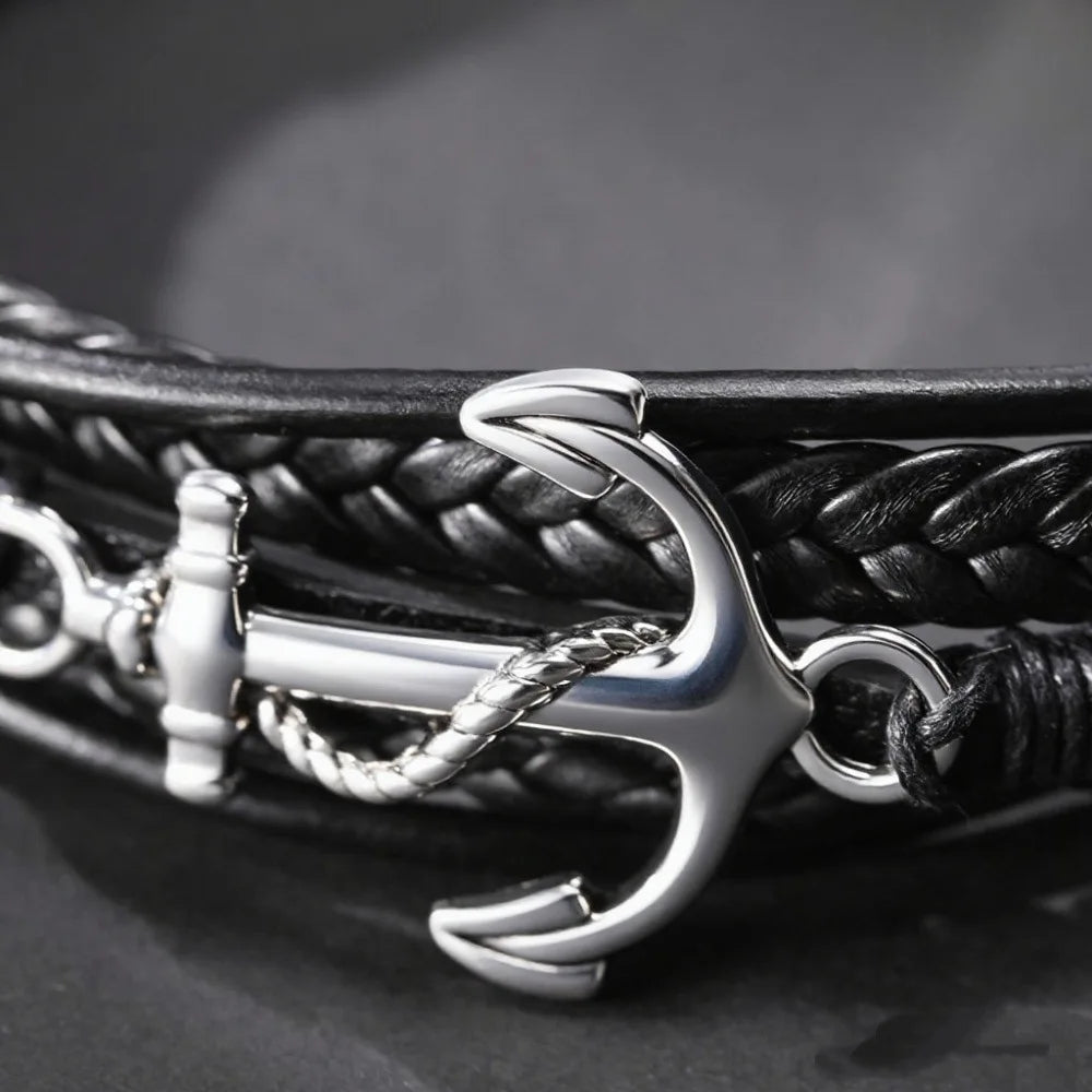 Men's Anchor Charm Multi-Layer Braided Leather Bracelet Charm Leather Bracelet PLUSH