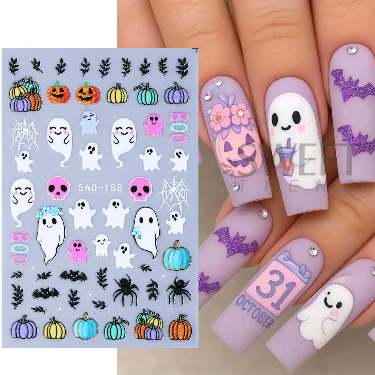 Halloween Nail Decals – Ghosts, Pumpkins & Kawaii Stickers 2pc Nail Art Stickers PLUSH