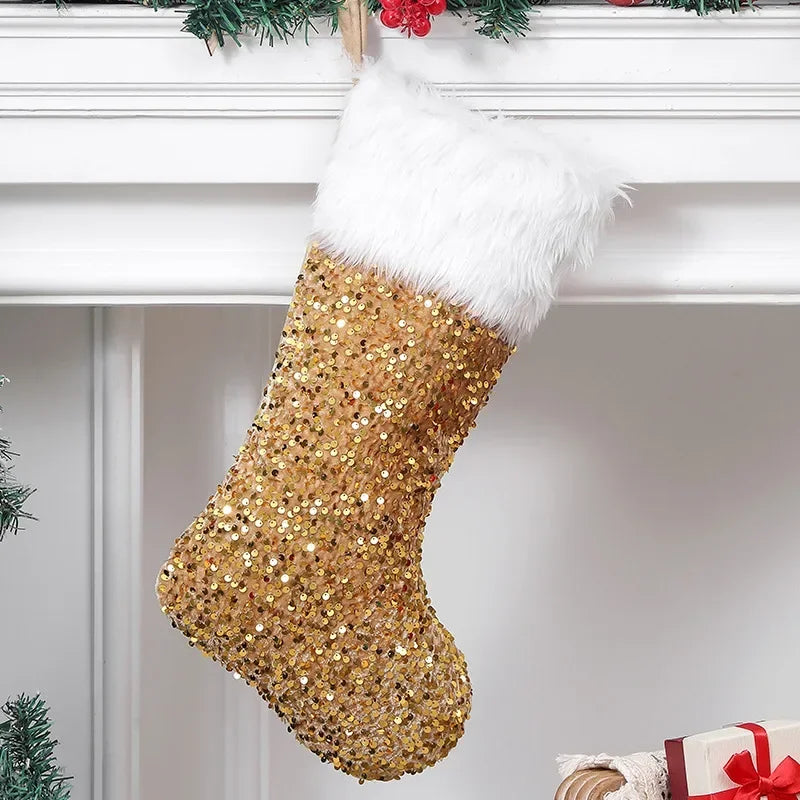 Large Flip Sequin Christmas Stockings – Fireplace Holiday Decor Christmas Stocking PLUSH 27x42cm Gold-1PCS