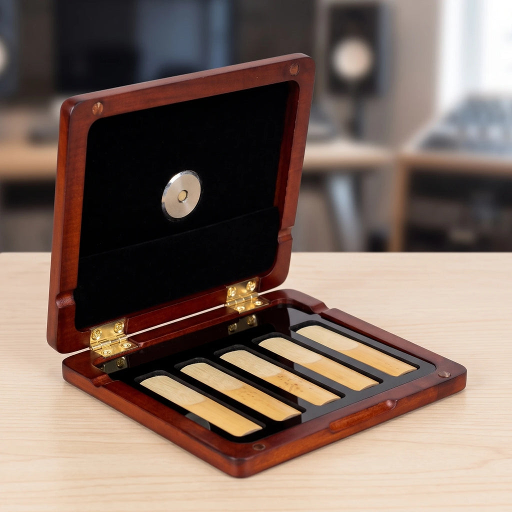 Wood Saxophone Reed Case with Hygrometer – 5 Reed Slots Reed Storage Case PLUSH Default Title