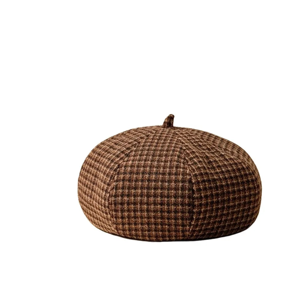 Women's Plaid Newsboy Beret Hat – Adjustable Japanese Style Newsboy Beret Hat PLUSH Coffee