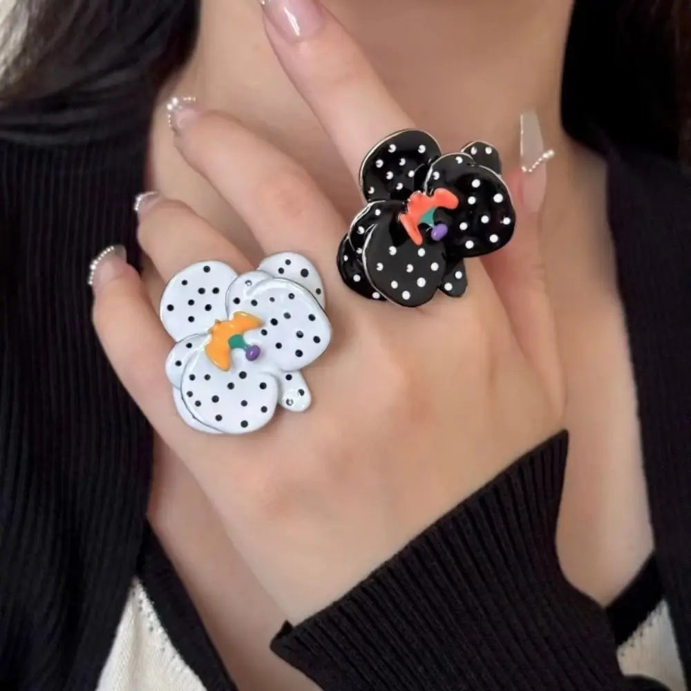 Hand-Enameled Flower Stacking Ring | Orchid Polka Dot Bat Design Enamel Fashion Ring PLUSH