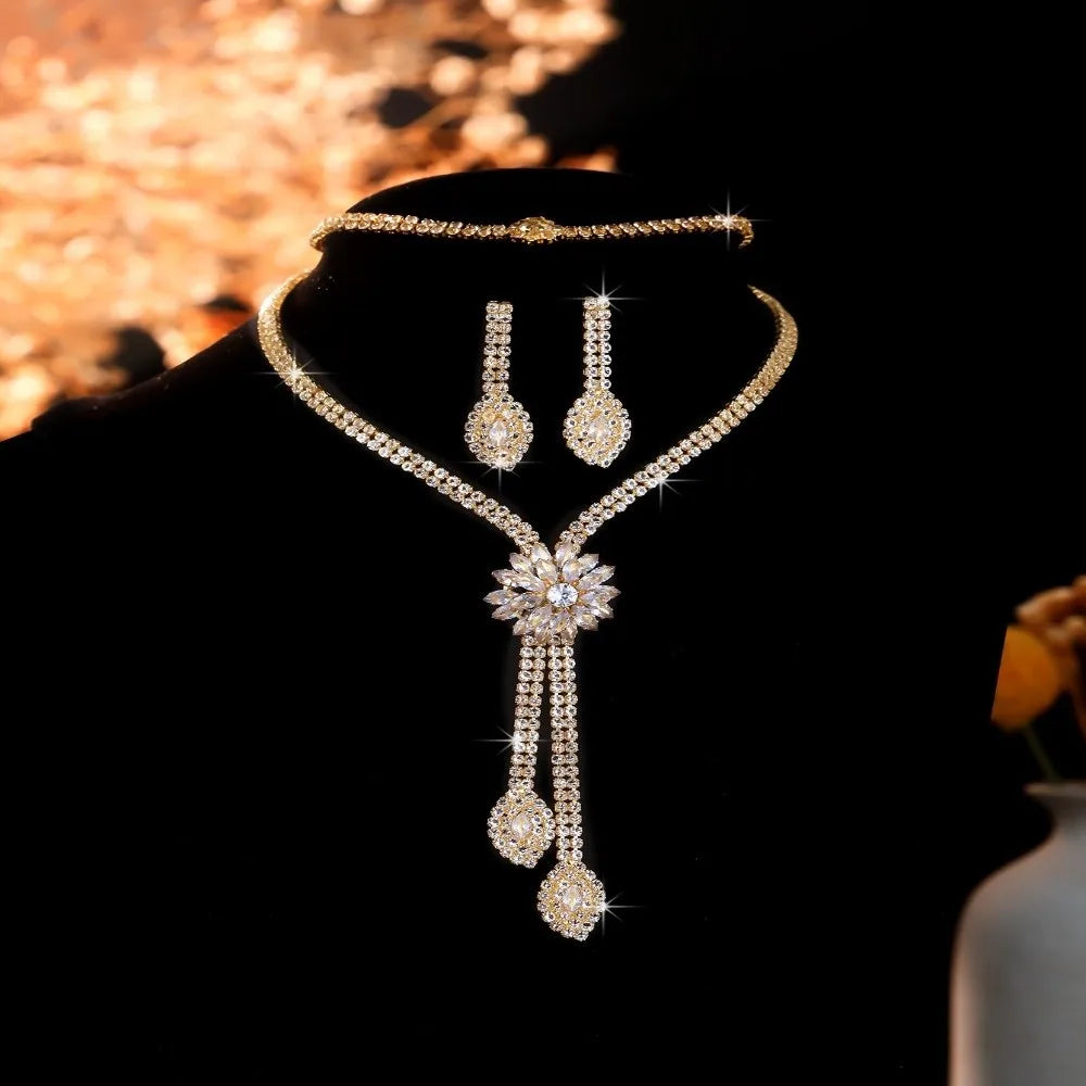 Vintage Crystal Flower Tassel Bridal Jewelry Set – Necklace, Earrings & Bracelet Bridal Jewelry Set PLUSH Gold
