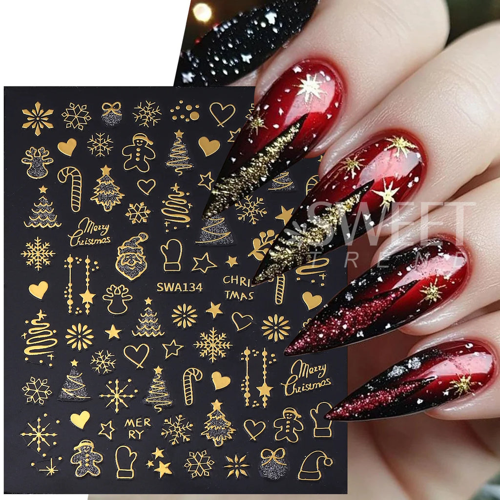 Christmas 3D Nail Stickers Gold Silver Glitter Xmas Decals 2pcs Nail Art Stickers PLUSH