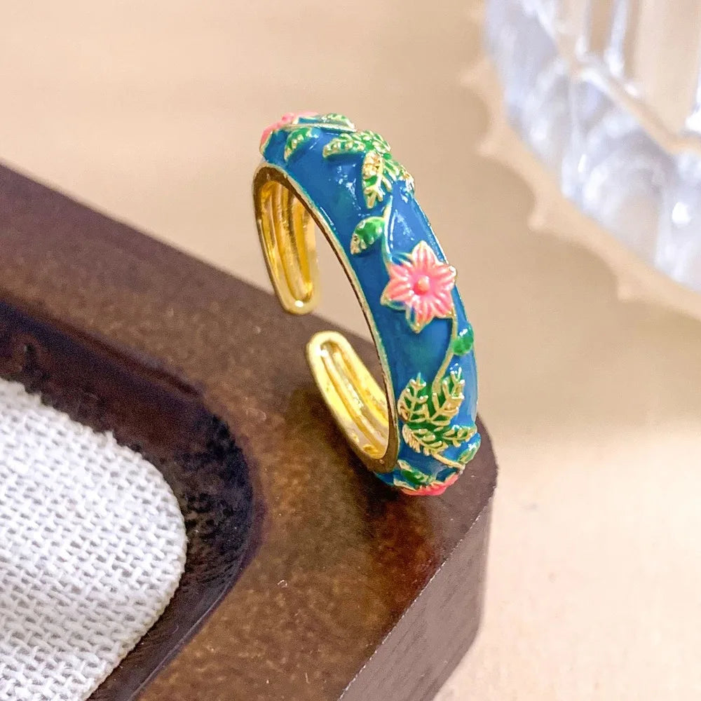 Blue & White Porcelain Enamel Open Ring | Vintage Chinese Style Enamel Fashion Ring PLUSH Style 6 Light Yellow Gold Color 2