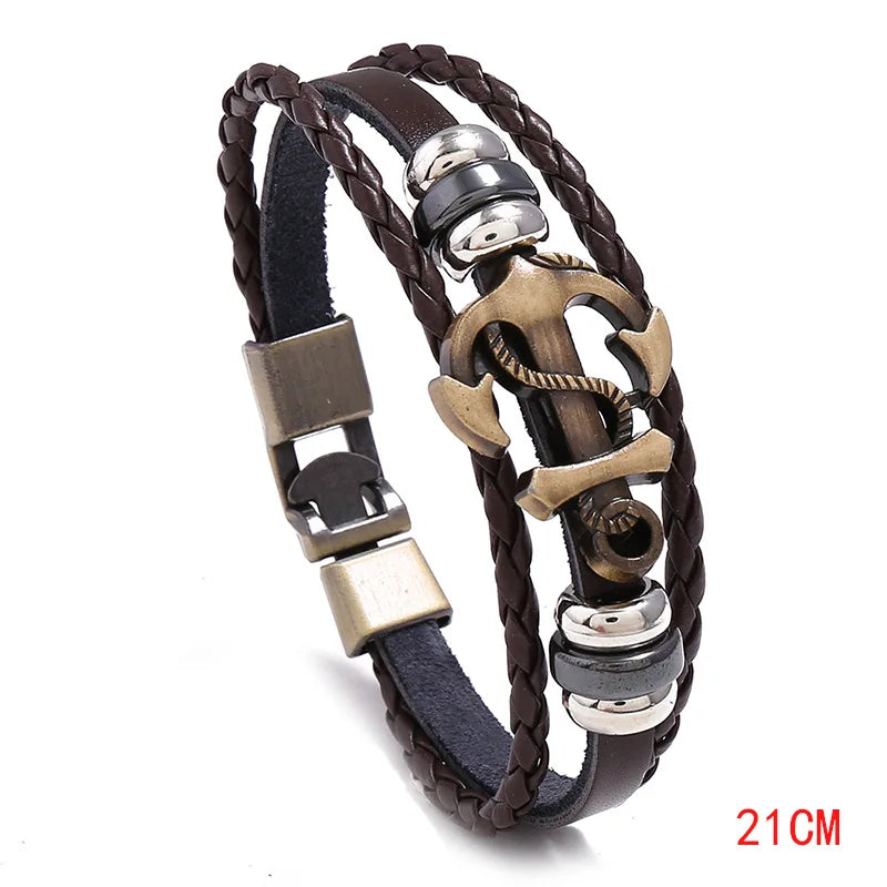 Vintage Anchor Braided Leather Bracelet for Men | CHROMSTICA Leather Charm Bracelet PLUSH Brown