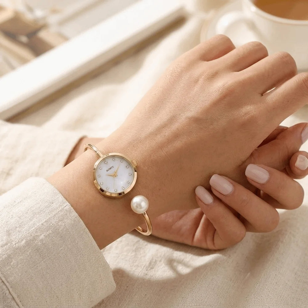 Elegant Pearl Bracelet Watch – Rhinestone Quartz Wristwatch Bracelet Watch PLUSH