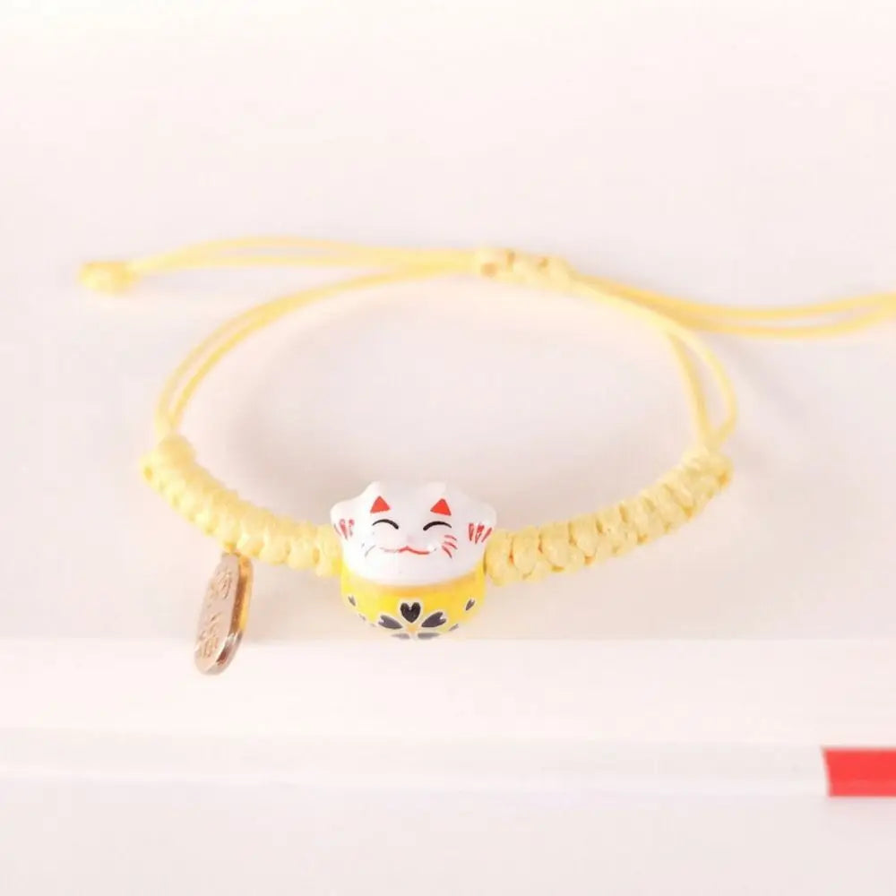 Ceramic Maneki Neko Charm Bracelet – Red Braided Rope Charm Bracelet PLUSH Yellow