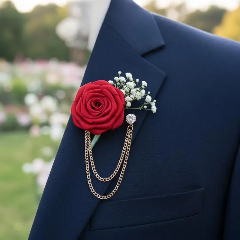 Handmade Groom Lapel Pin Cloth Rose Wedding Brooch & Tassel Wedding Lapel Pin PLUSH