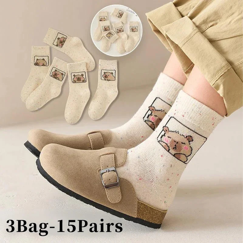 Kids Capybara Bear Cotton Crew Socks – 5 to 50 Pairs Unisex Kids Cartoon Socks PLUSH One Size 3Bags 15Pairs